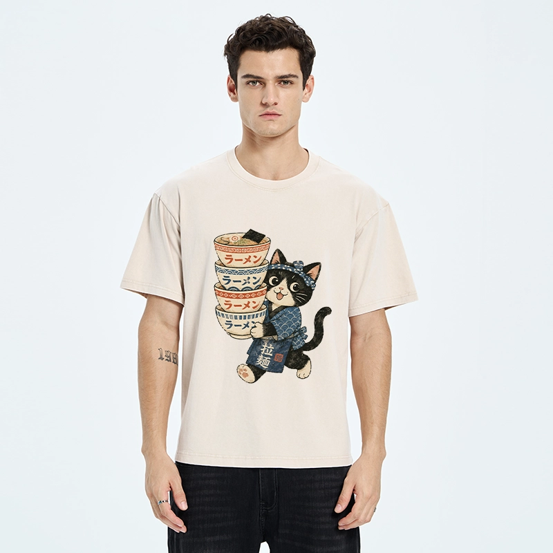 Tokyo-Tiger Funny Meme Cat Carries Stacked Ramen Bowls Washed T-Shirt