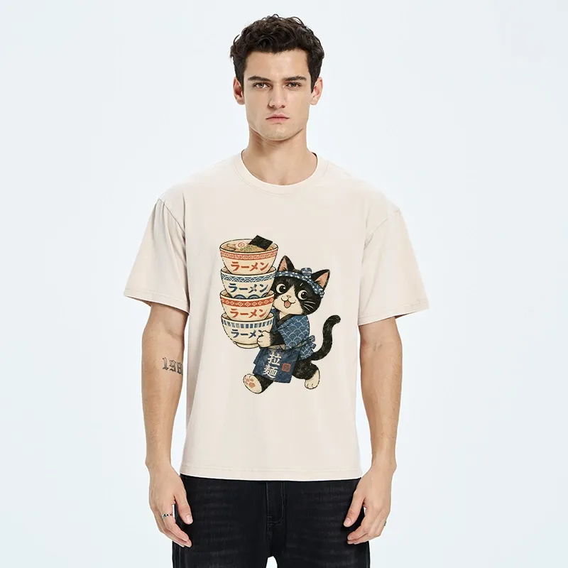 Tokyo-Tiger Funny Meme Cat Carries Stacked Ramen Bowls Washed T-Shirt