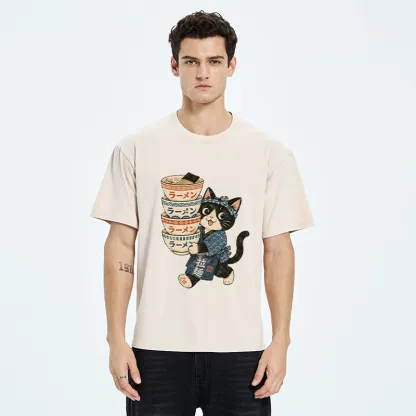 Tokyo-Tiger Funny Meme Cat Carries Stacked Ramen Bowls Washed T-Shirt