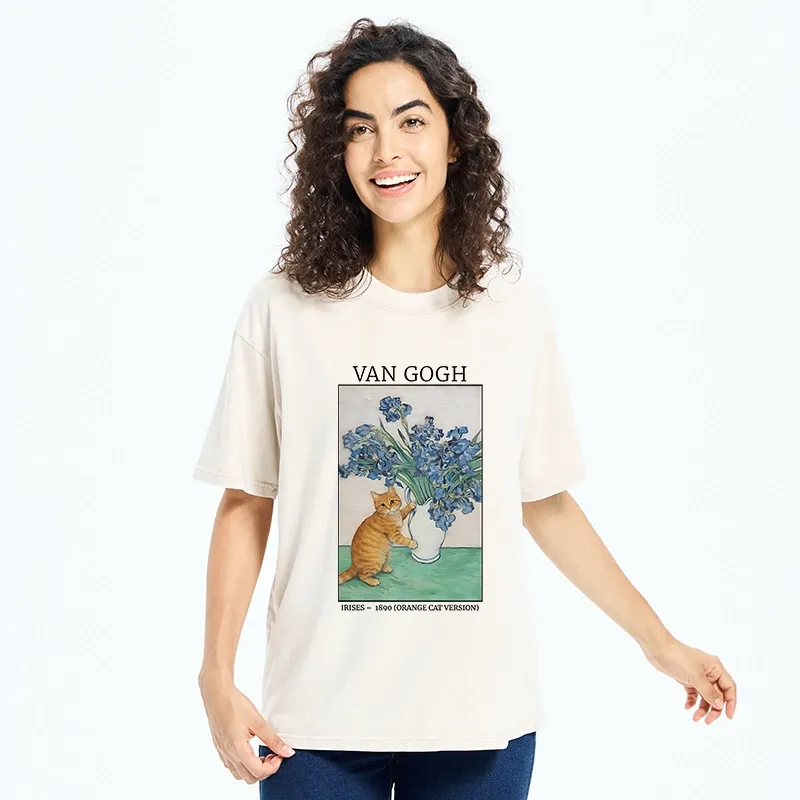 Tokyo-Tiger Orange Cat Touches Van Gogh Irises Washed T-Shirt
