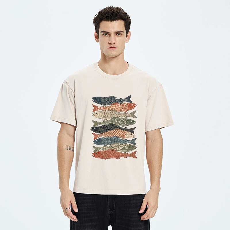 Tokyo-Tiger Patterned Stack Fish Japanese Block Print Washed T-Shirt