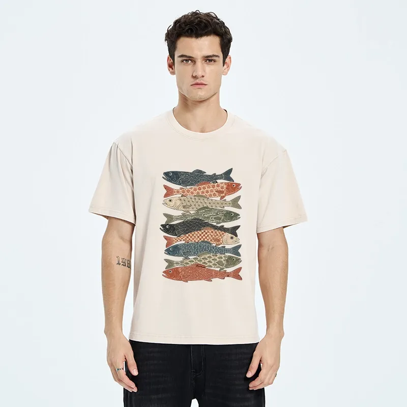 Tokyo-Tiger Patterned Stack Fish Japanese Block Print Washed T-Shirt