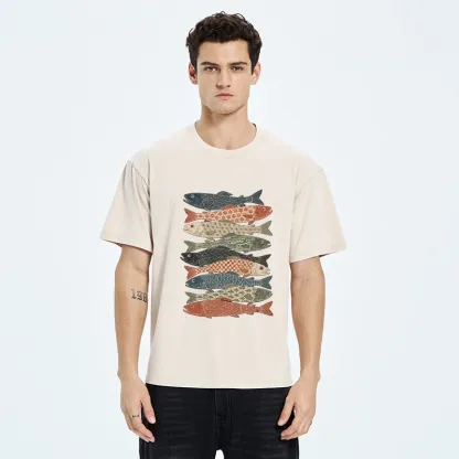 Tokyo-Tiger Patterned Stack Fish Japanese Block Print Washed T-Shirt
