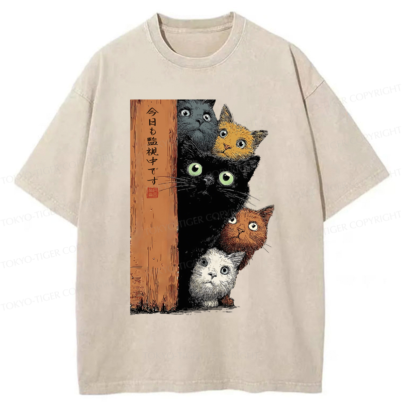 Tokyo-Tiger Five Cats Are Watching You Washed T-Shirt