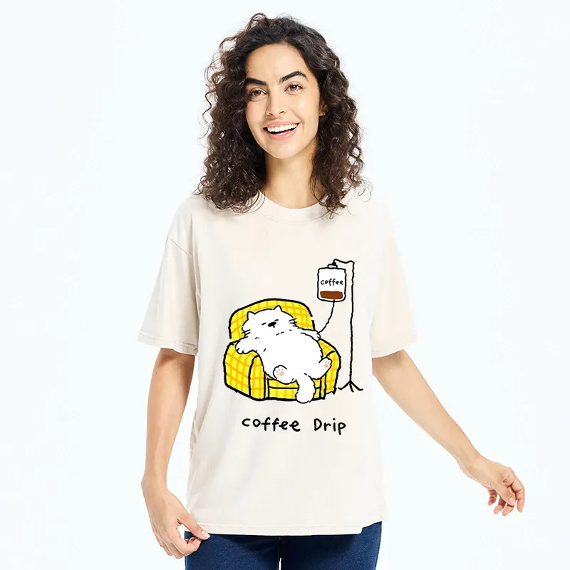 Tokyo-Tiger Fluffy Cat Needs Coffee Drip Art Washed T-Shirt
