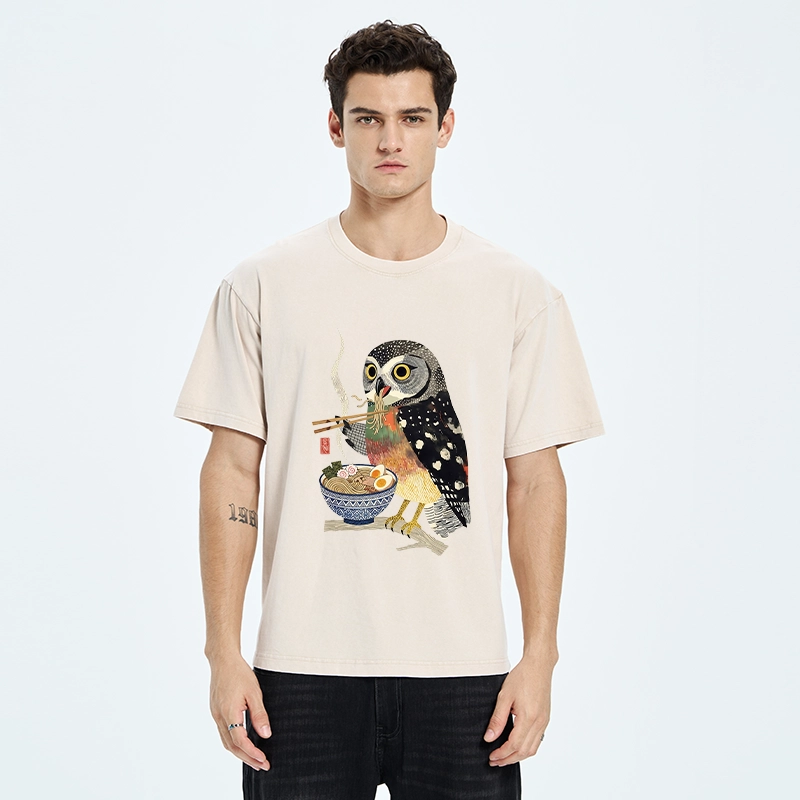 Tokyo-Tiger Owl Slurps Hot Ramen Japan Art Washed T-Shirt