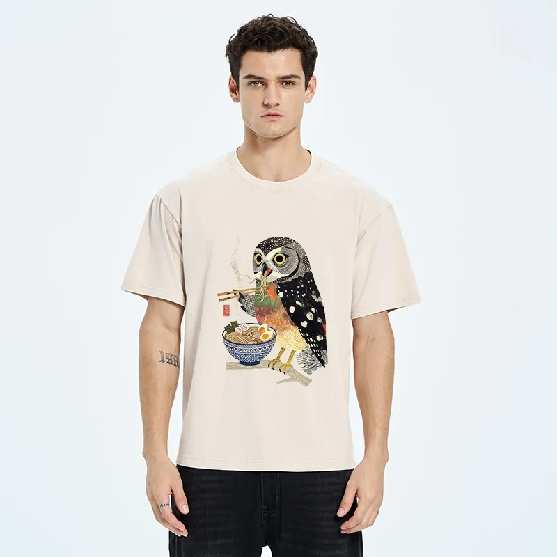Tokyo-Tiger Owl Slurps Hot Ramen Japan Art Washed T-Shirt