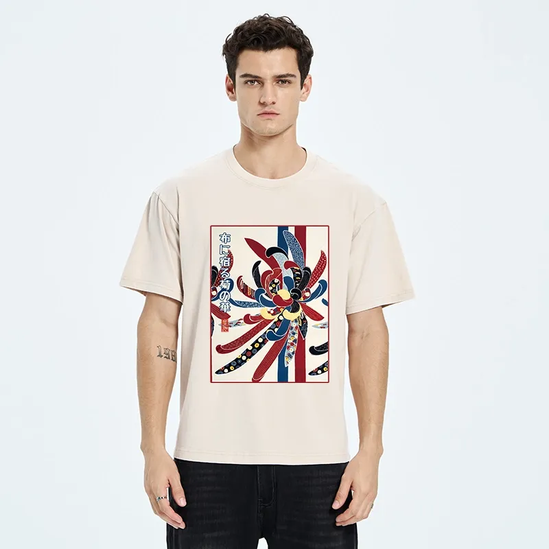 Tokyo-Tiger Traditional Oriental Big Flower Ukiyo Print Washed T-Shirt