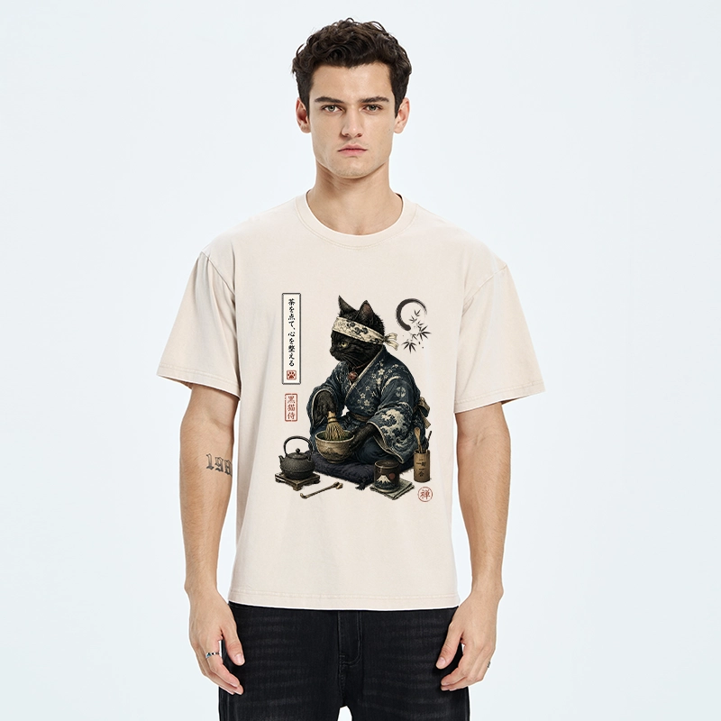Tokyo-Tiger Samurai Cat Makes Matcha Tea Art Washed T-Shirt