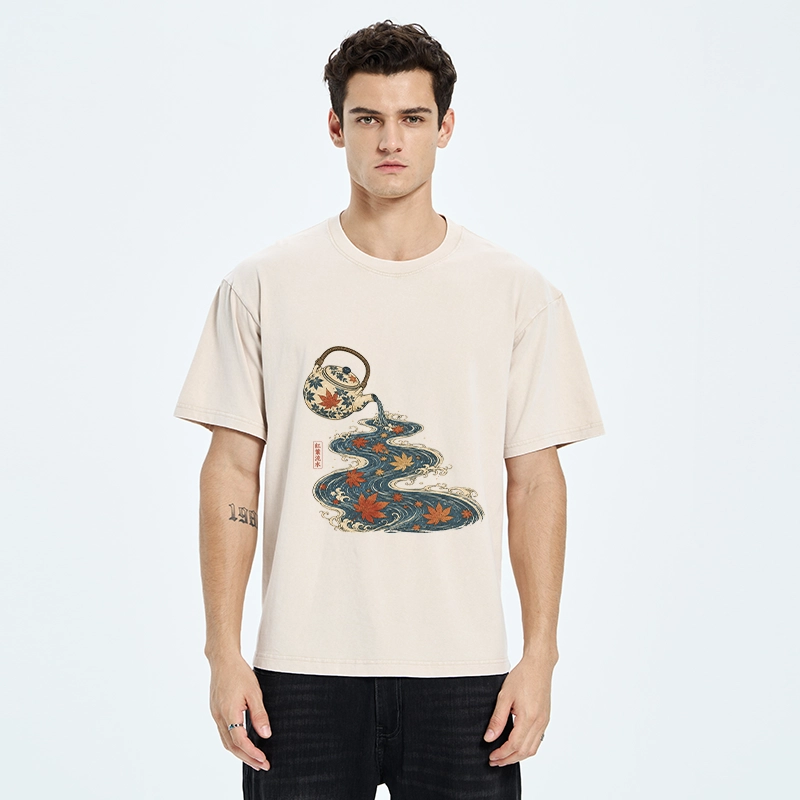Tokyo-Tiger Maple Tea Pot Flowing River Ukiyo Art Washed T-Shirt