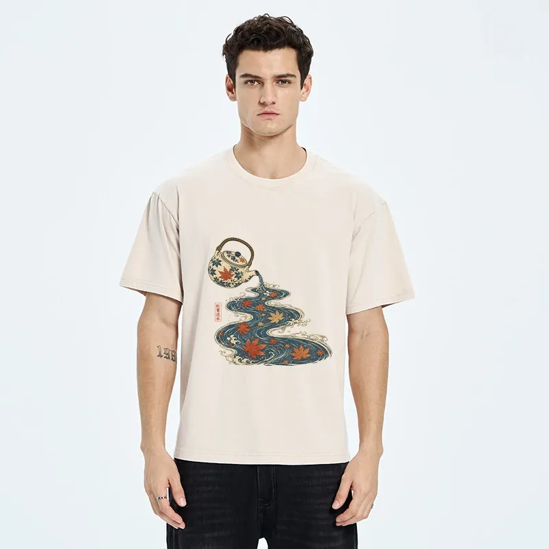 Tokyo-Tiger Maple Tea Pot Flowing River Ukiyo Art Washed T-Shirt