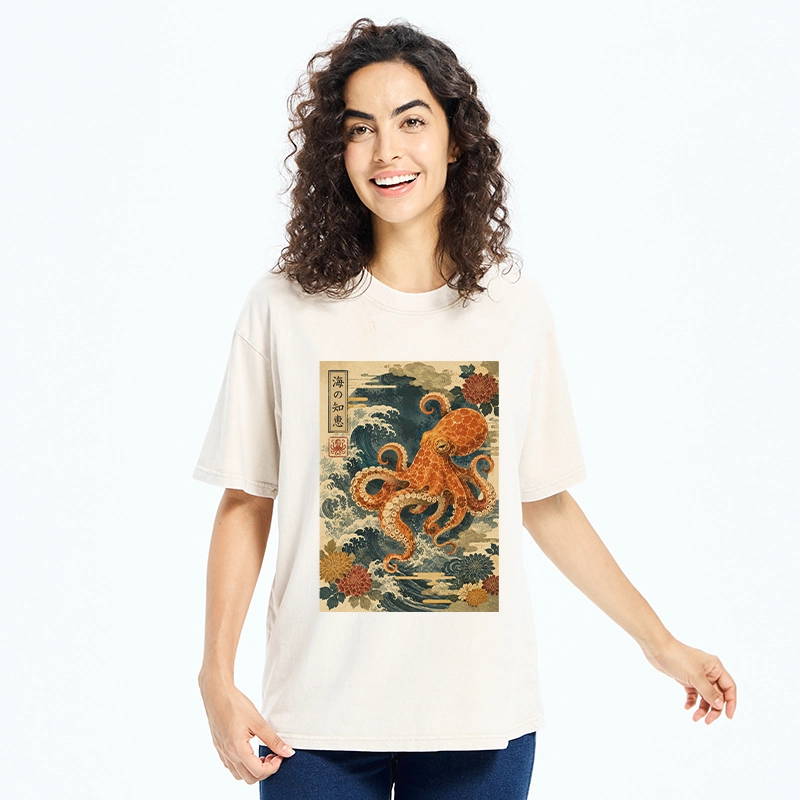 Tokyo-Tiger Wise Octopus Sea Wave Ukiyo E Art Washed T-Shirt