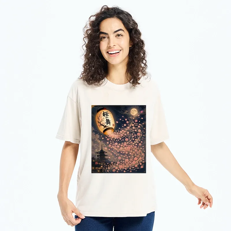 Tokyo-Tiger Sakura Wind Flows From Paper Lantern Graphic Washed T-Shirt