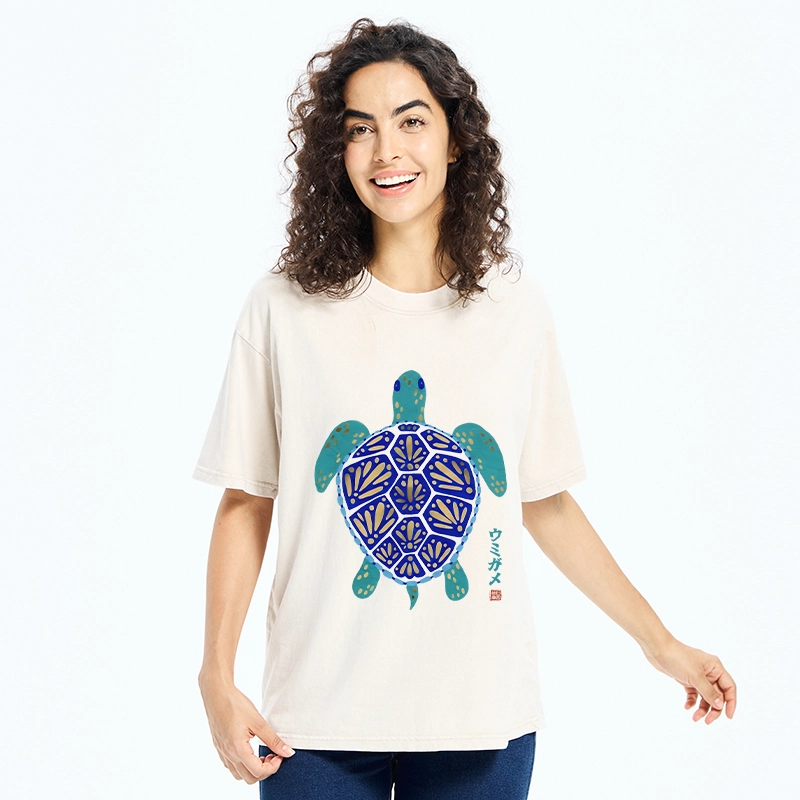 Tokyo-Tiger Blue Gold Sea Turtle Japanese Art Print Washed T-Shirt