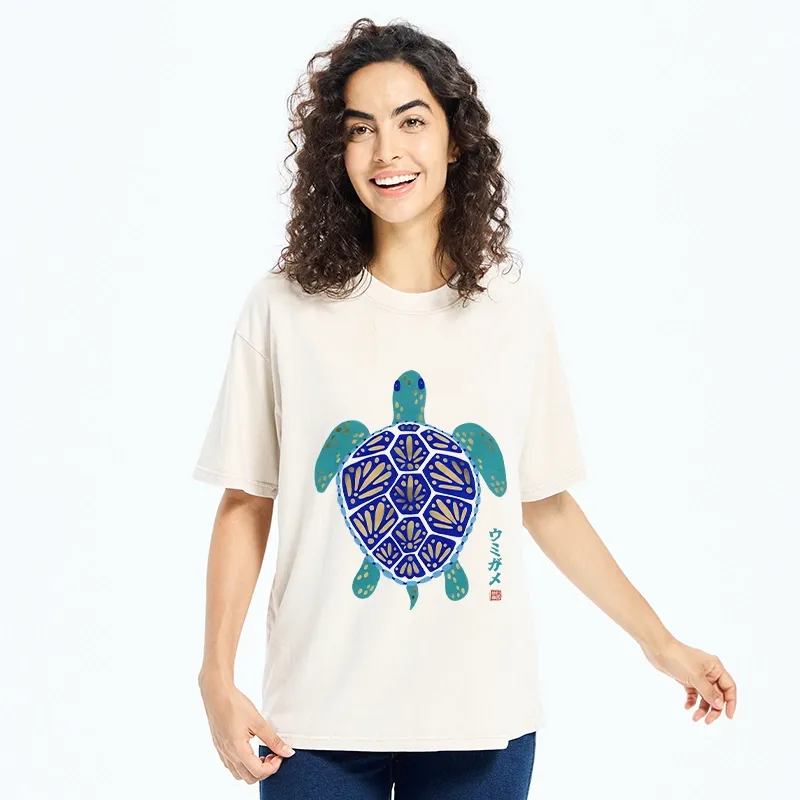 Tokyo-Tiger Blue Gold Sea Turtle Japanese Art Print Washed T-Shirt