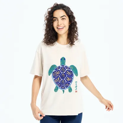 Tokyo-Tiger Blue Gold Sea Turtle Japanese Art Print Washed T-Shirt
