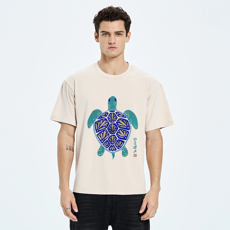 Tokyo-Tiger Blue Gold Sea Turtle Japanese Art Print Washed T-Shirt