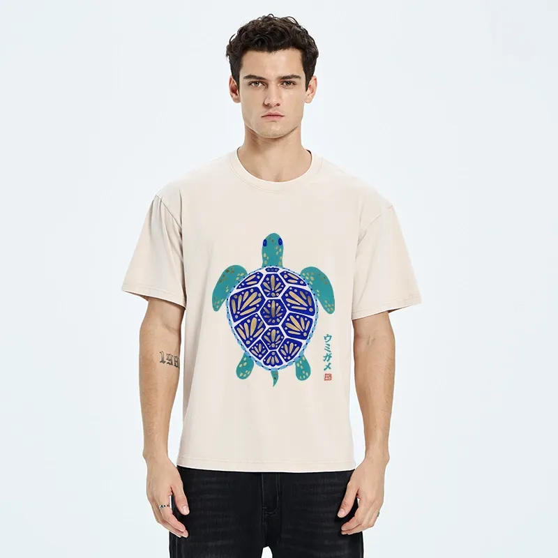 Tokyo-Tiger Blue Gold Sea Turtle Japanese Art Print Washed T-Shirt