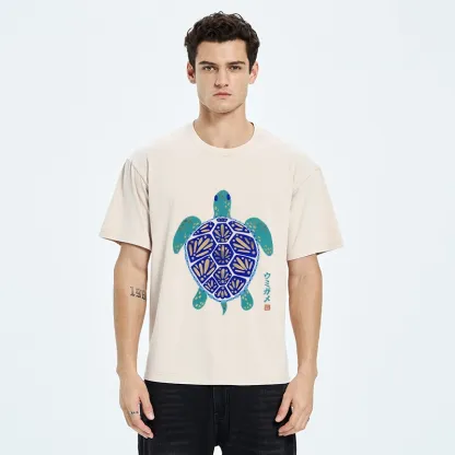 Tokyo-Tiger Blue Gold Sea Turtle Japanese Art Print Washed T-Shirt