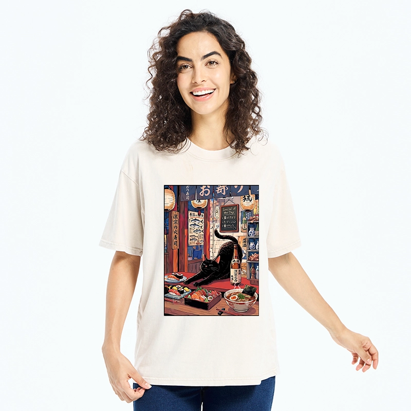 Tokyo-Tiger Warm Lantern Izakaya Black Cat Food Art Print Washed T-Shirt
