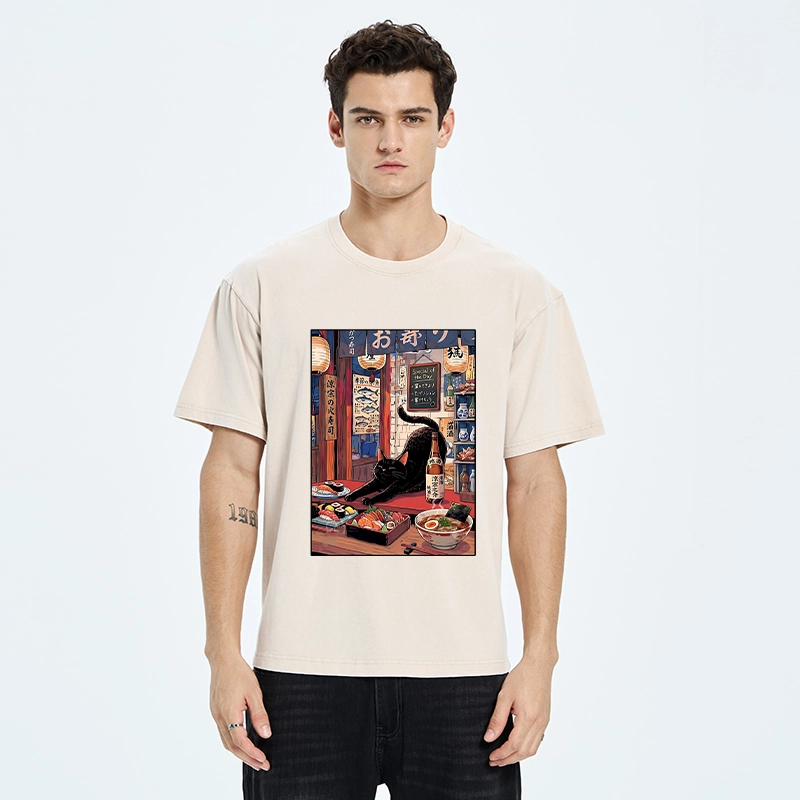 Tokyo-Tiger Warm Lantern Izakaya Black Cat Food Art Print Washed T-Shirt