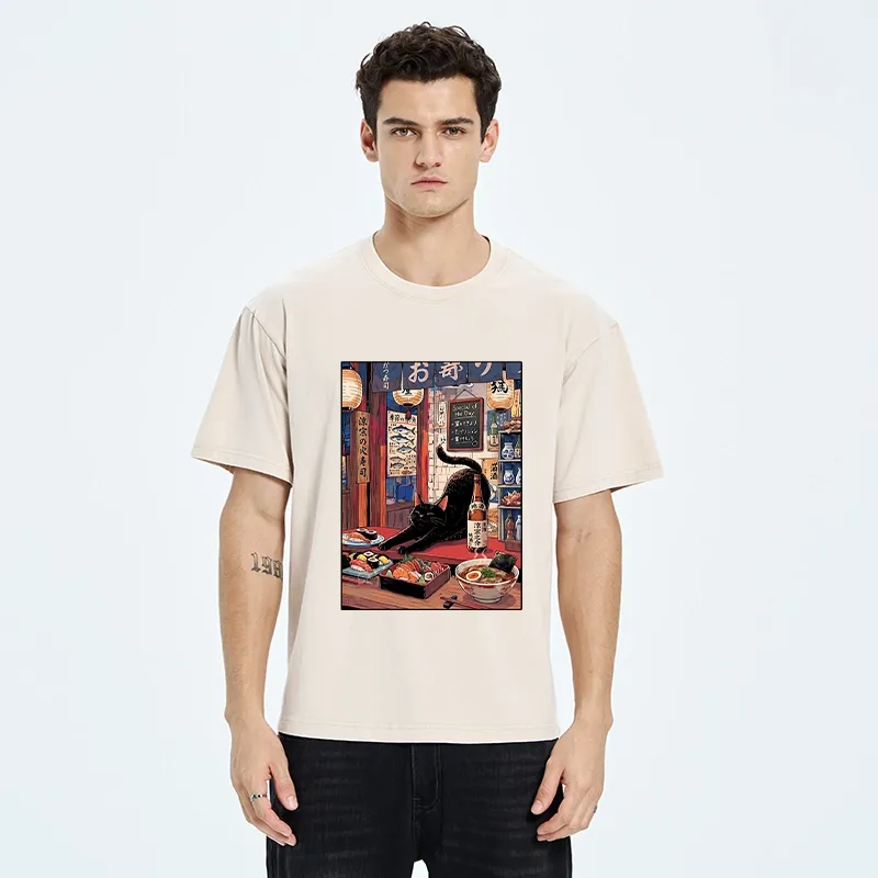 Tokyo-Tiger Warm Lantern Izakaya Black Cat Food Art Print Washed T-Shirt