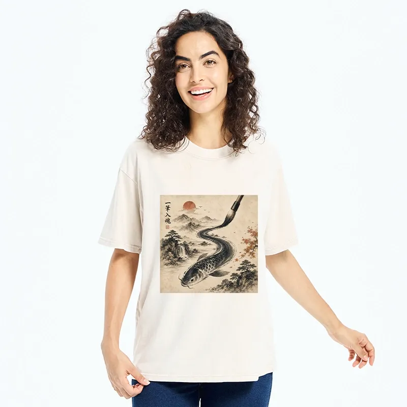 Tokyo-Tiger Autumn Mountain Ink Carp Brush Design Washed T-Shirt
