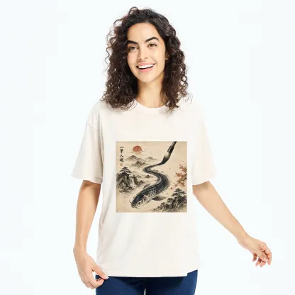 Tokyo-Tiger Autumn Mountain Ink Carp Brush Design Washed T-Shirt