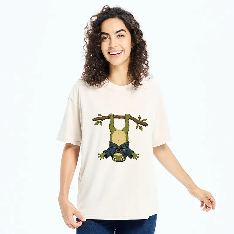 Tokyo-Tiger Relaxed Tree Frog Loose Blue Robe Graphic Washed T-Shirt