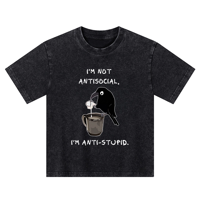 Tokyo-Tiger Cool Crow Sips Calm Coffee Alone Kids Washed T-Shirt