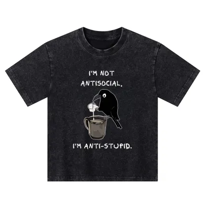 Tokyo-Tiger Cool Crow Sips Calm Coffee Alone Kids Washed T-Shirt