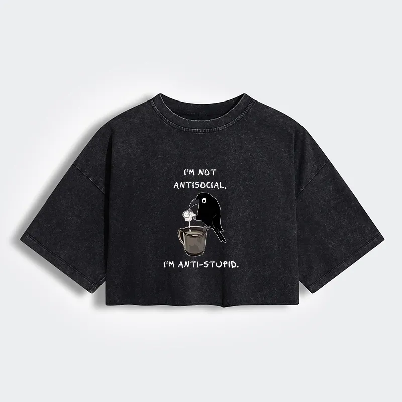 Tokyo-Tiger Cool Crow Sips Calm Coffee Alone Women's Washed Crop T-Shirt