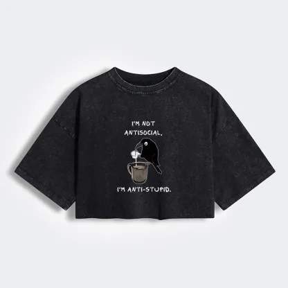 Tokyo-Tiger Cool Crow Sips Calm Coffee Alone Women's Washed Crop T-Shirt
