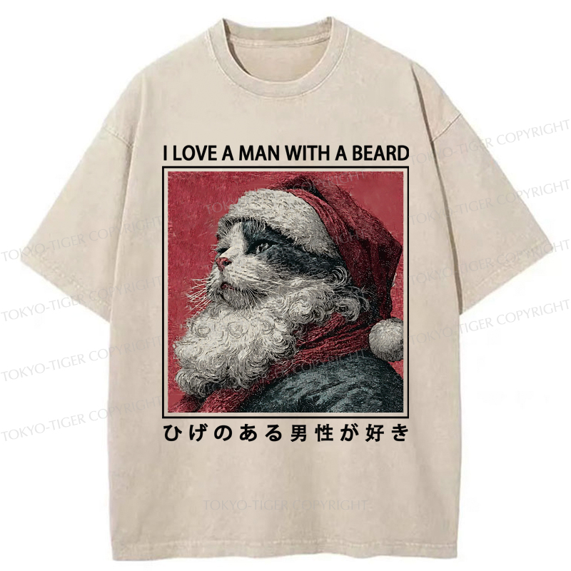 Tokyo-Tiger Funny Christmas Cat:I Love A Man With A Beard Washed T-Shirt