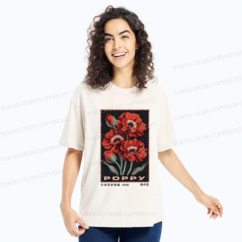 Tokyo-Tiger Timeless Poppy Stamp Washed T-Shirt