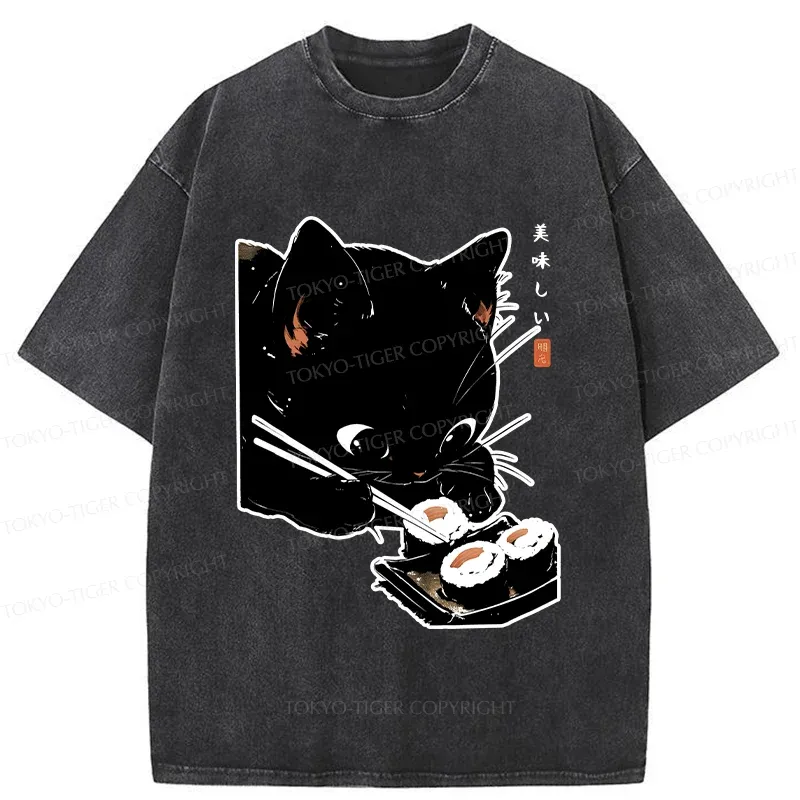 Tokyo-Tiger Cat Eating Rice Balls Washed T-Shirt
