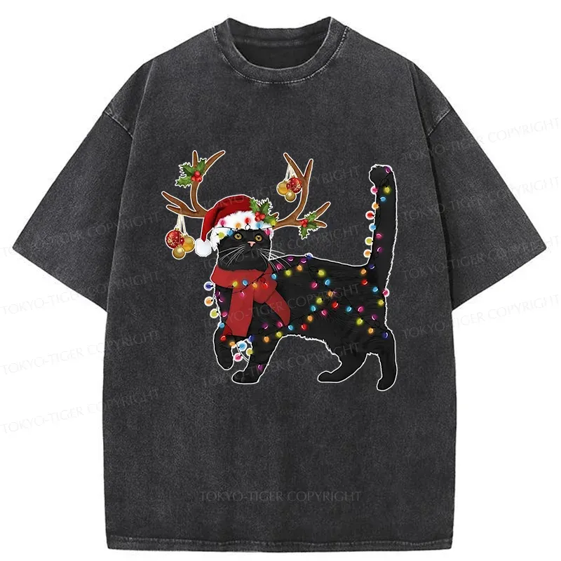 Tokyo-Tiger Christmas Black Cat Washed T-Shirt