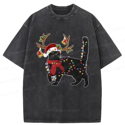 Tokyo-Tiger Christmas Black Cat Washed T-Shirt