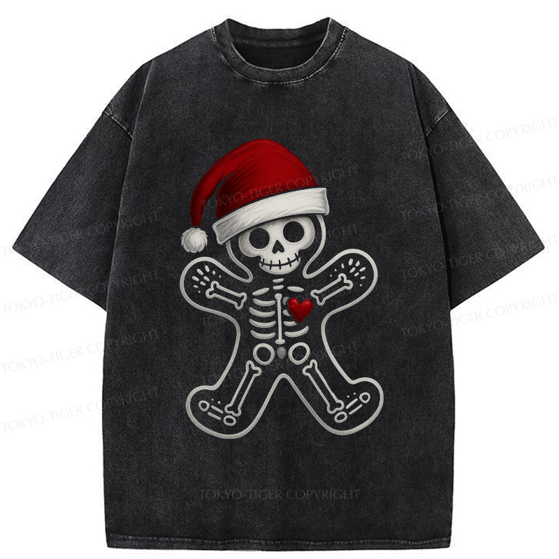 Tokyo-Tiger Funny Christmas Skull Gingerbread Man Washed T-Shirt