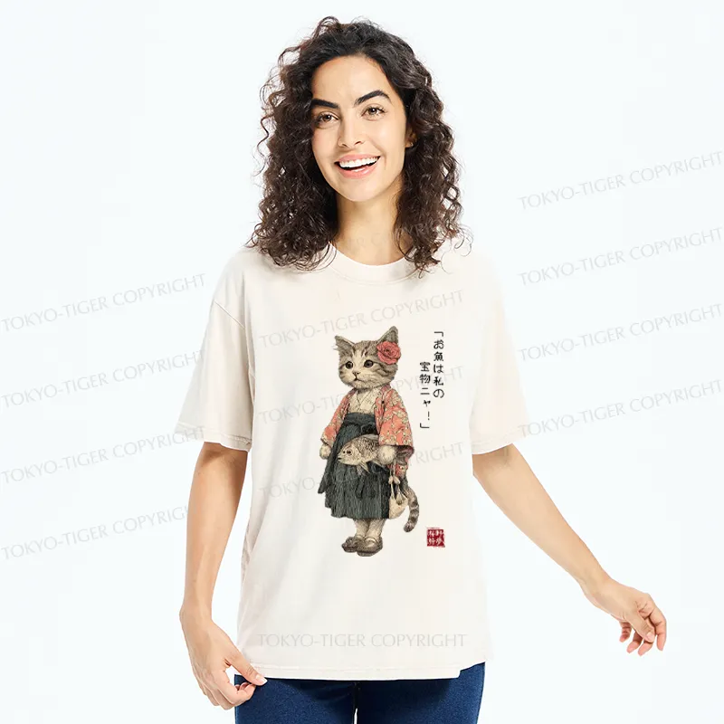 Tokyo-Tiger Cat Princess With Her Treasure Washed T-Shirt