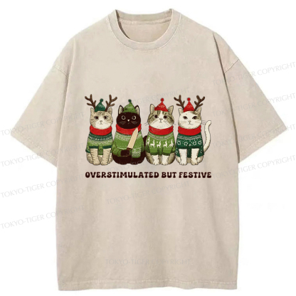 Tokyo-Tiger Overstimulated But Festive Cat Christmas Washed T-Shirt