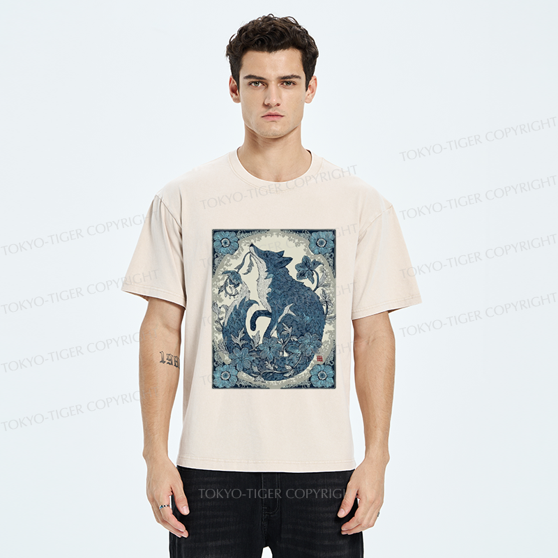 Tokyo-Tiger Floral Fox Aesthetic Washed T-Shirt