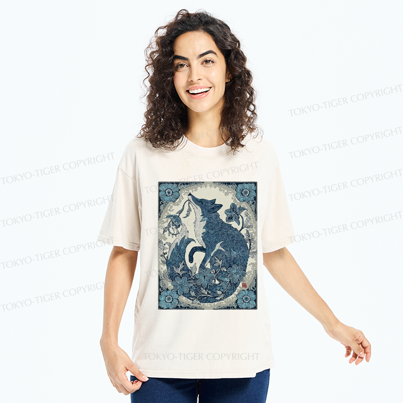 Tokyo-Tiger Floral Fox Aesthetic Washed T-Shirt