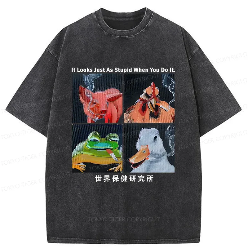 Tokyo-Tiger Smoking Animals Funny Washed T-Shirt
