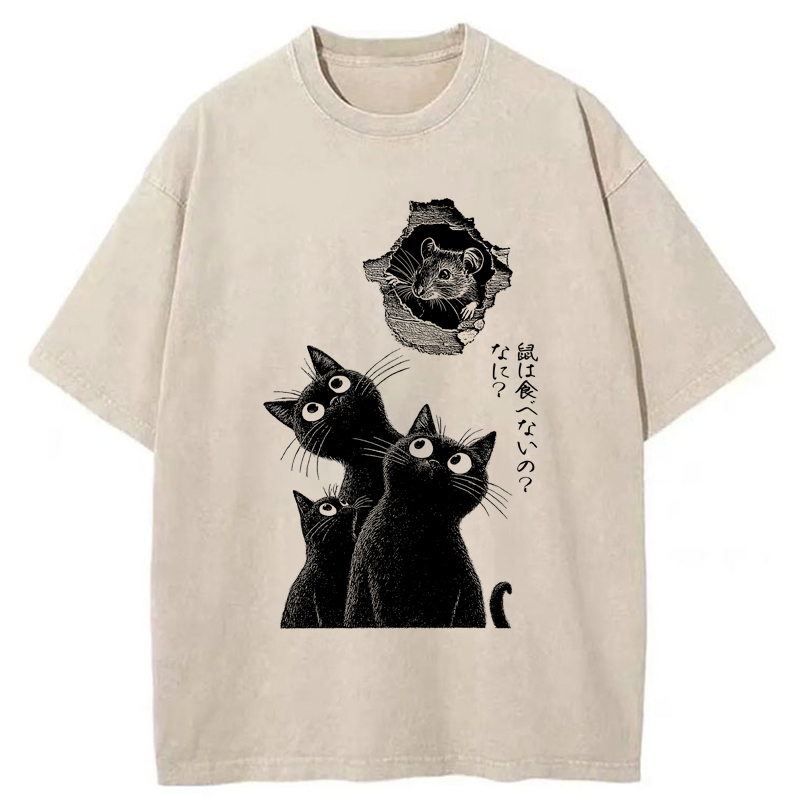 Tokyo-Tiger Cats And The Curious Mouse Washed T-Shirt
