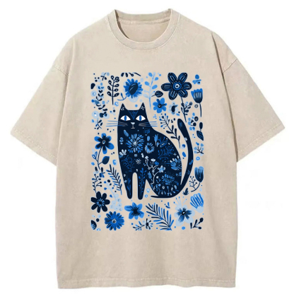 Tokyo-Tiger A Cat Among Flowers Washed T-Shirt