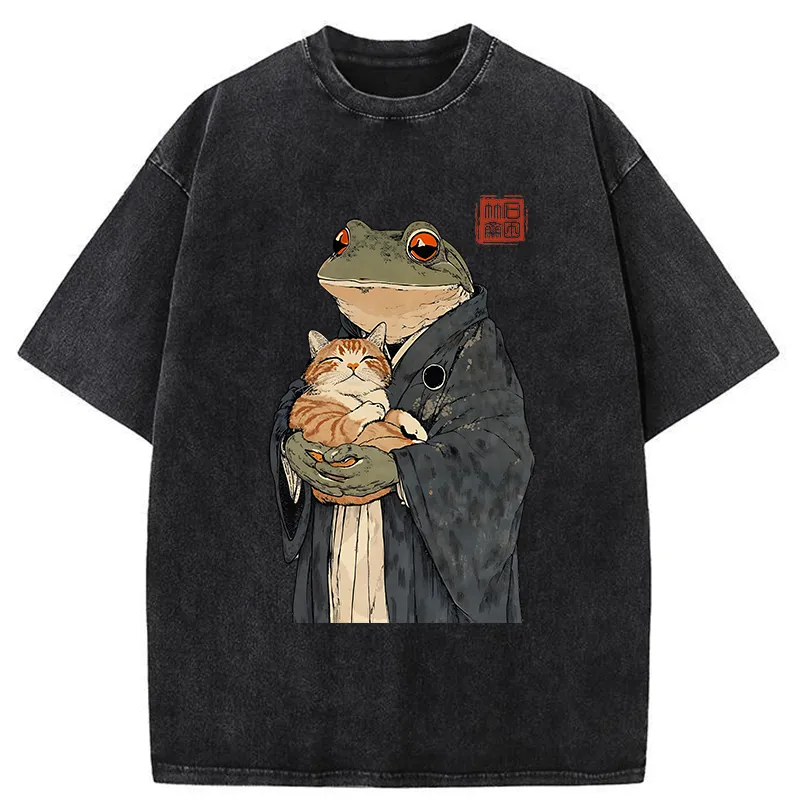 Tokyo-Tiger A Frog Holding A Cat Washed T-Shirt
