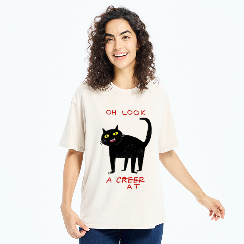 Tokyo-Tiger Funny Creep Cat Washed T-Shirt