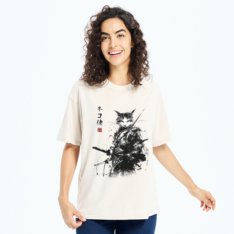Tokyo-Tiger Inkblade Samurai Cat Washed T-Shirt