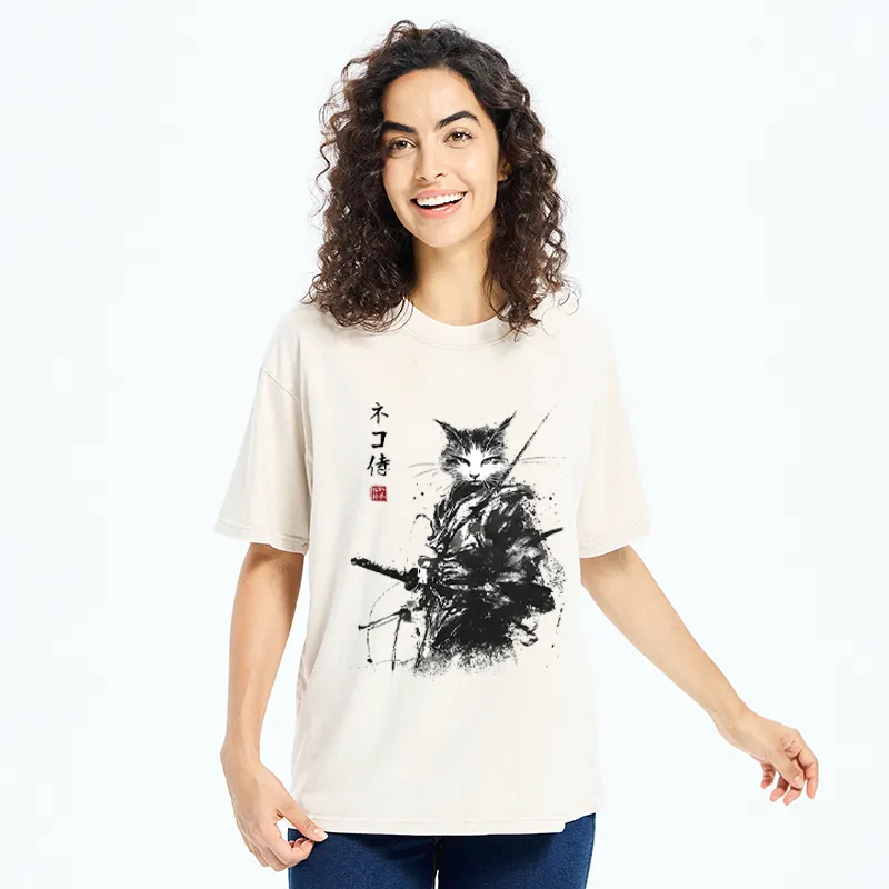 Tokyo-Tiger Inkblade Samurai Cat Washed T-Shirt